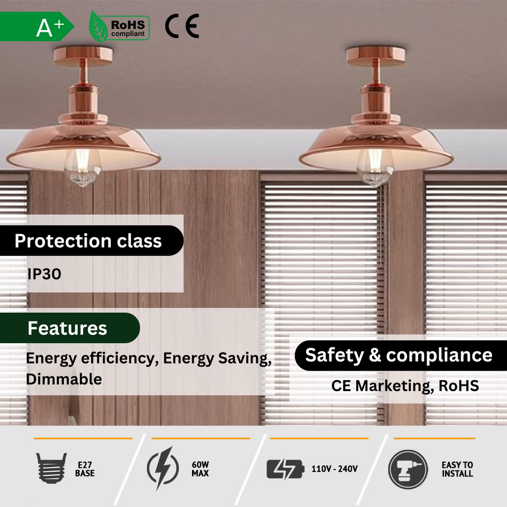 E27 Retro Semi-Flush Mount Ceiling Light – Copper Finish ~1927