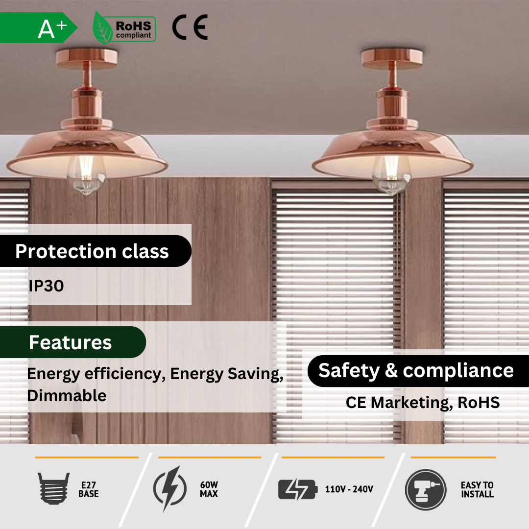 E27 Retro Semi-Flush Mount Ceiling Light – Copper Finish ~1927