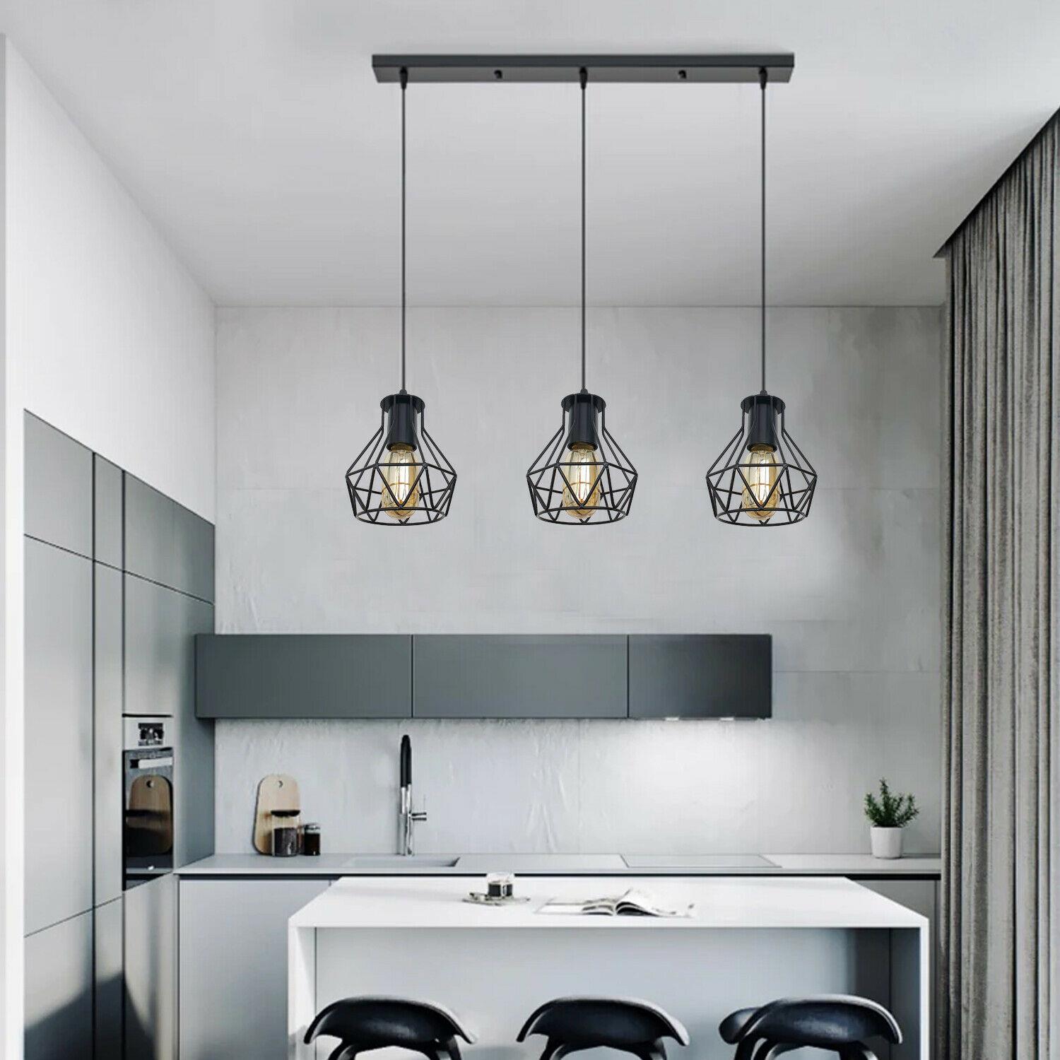 3 Head Rectangle Base Industrial Metal Cage Ceiling Pendant Light UK~1414