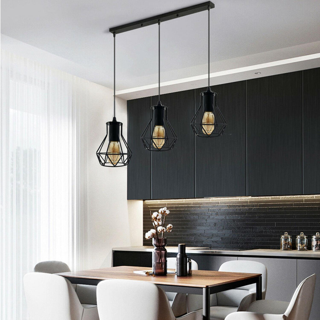 3 Head Rectangle Base Industrial Metal Cage Ceiling Pendant Light UK~1414