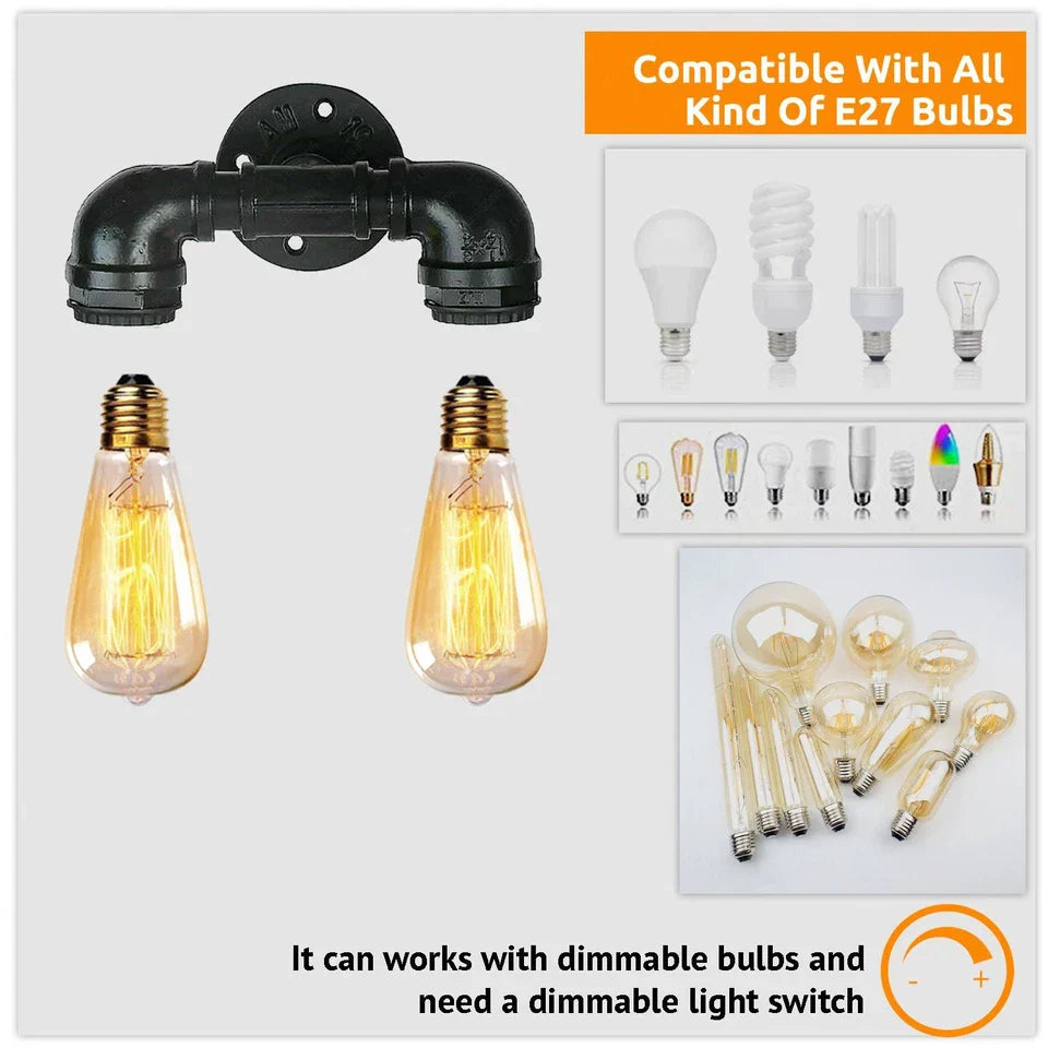 Vintage Rustic Red Metal Water Pipe Double Head Wall Light~2067